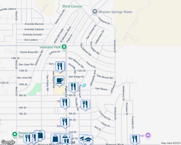 map of restaurants, bars, coffee shops, grocery stores, and more near 66725 12th Street in Desert Hot Springs