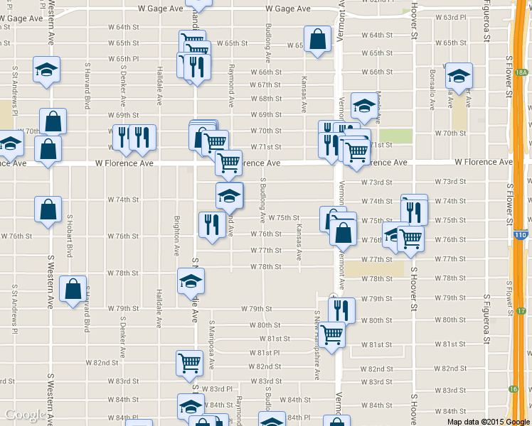 map of restaurants, bars, coffee shops, grocery stores, and more near 1157 West 75th Street in Los Angeles
