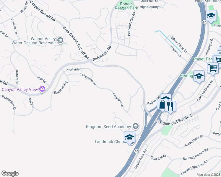 map of restaurants, bars, coffee shops, grocery stores, and more near 20503 Crestline Drive in Diamond Bar
