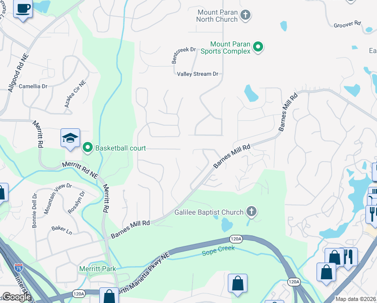 map of restaurants, bars, coffee shops, grocery stores, and more near 1546 Soaring Pointe in Marietta