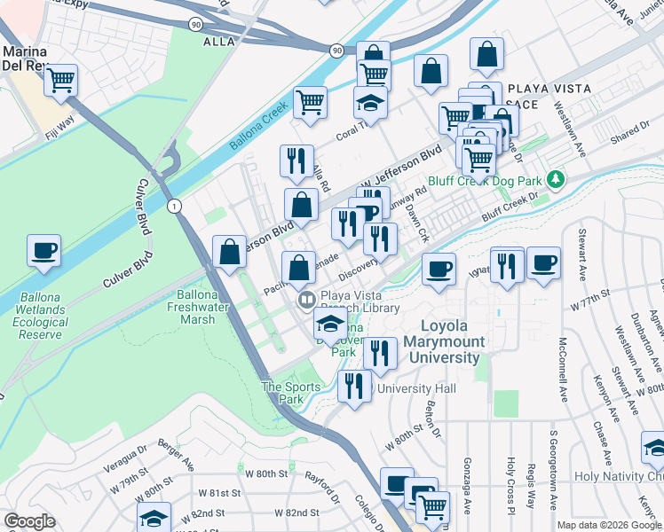 map of restaurants, bars, coffee shops, grocery stores, and more near in Los Angeles