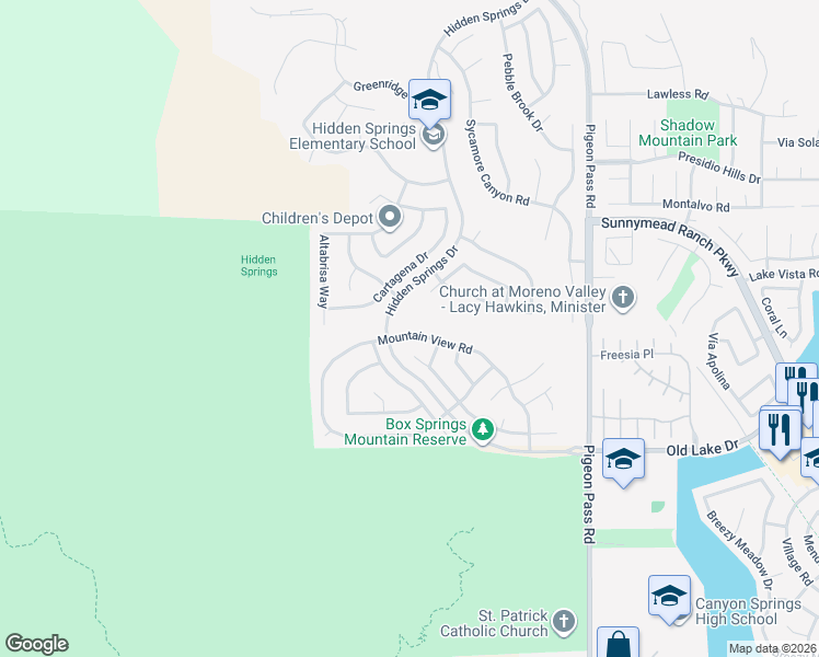 map of restaurants, bars, coffee shops, grocery stores, and more near 22600 Mountain View Road in Moreno Valley