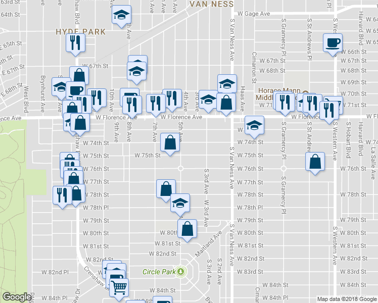 map of restaurants, bars, coffee shops, grocery stores, and more near 2511 West 75th Street in Los Angeles