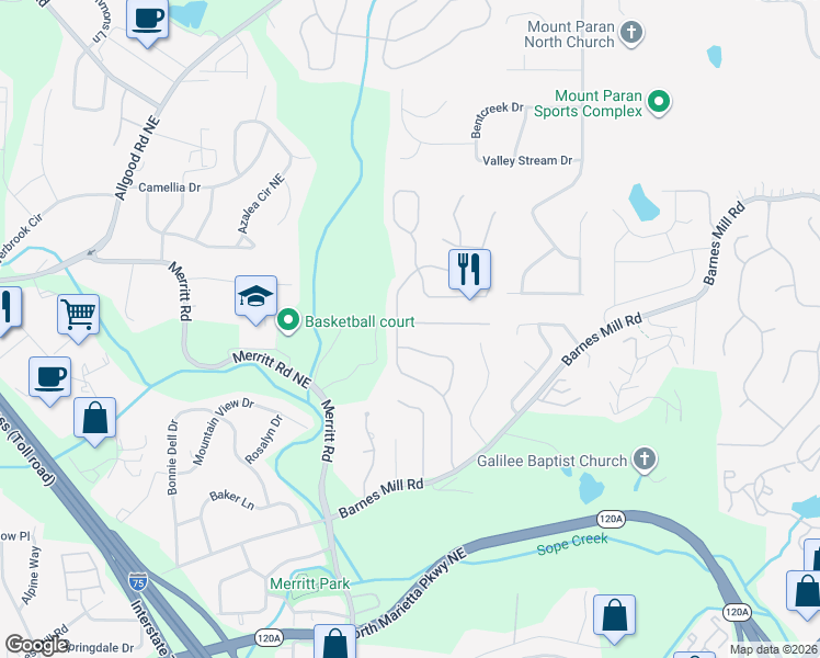 map of restaurants, bars, coffee shops, grocery stores, and more near 1416 Soaring Pointe in Marietta
