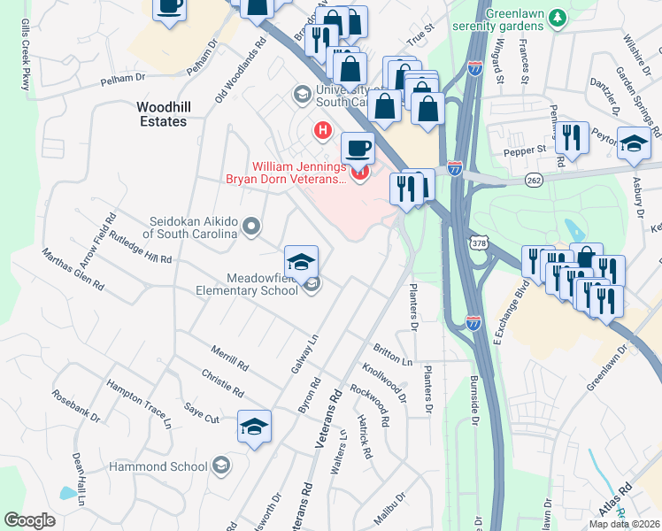 map of restaurants, bars, coffee shops, grocery stores, and more near 6567 Queens Way Drive in Columbia
