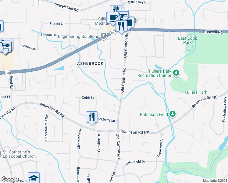 map of restaurants, bars, coffee shops, grocery stores, and more near 3406 Nirmal Court Northeast in Marietta