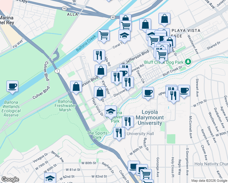 map of restaurants, bars, coffee shops, grocery stores, and more near 13044 Pacific Promenade in Los Angeles