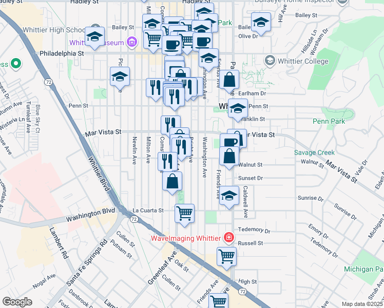 map of restaurants, bars, coffee shops, grocery stores, and more near in Whittier
