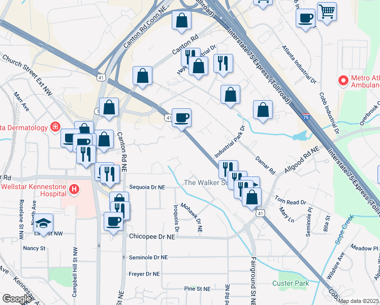 map of restaurants, bars, coffee shops, grocery stores, and more near 895 Cobb Parkway North in Marietta