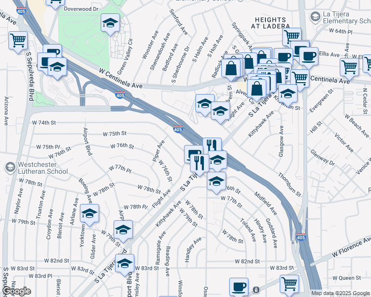map of restaurants, bars, coffee shops, grocery stores, and more near 5723 West 74th Street in Los Angeles