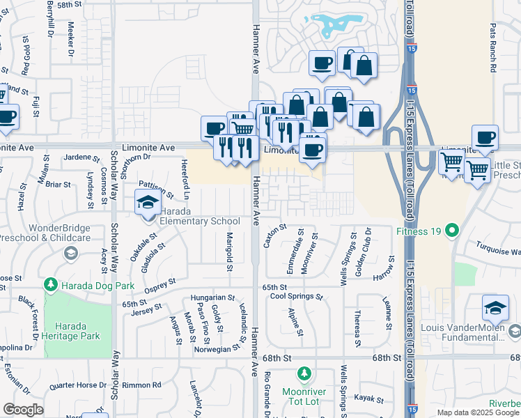 map of restaurants, bars, coffee shops, grocery stores, and more near 12584 Cipriano Lane in Eastvale