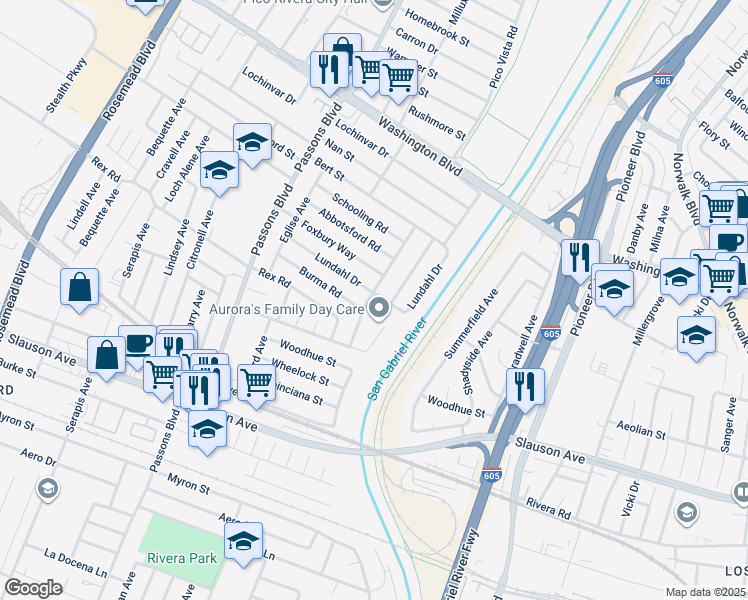 map of restaurants, bars, coffee shops, grocery stores, and more near 9702 Lundahl Drive in Pico Rivera