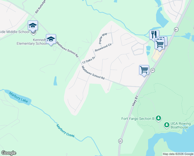 map of restaurants, bars, coffee shops, grocery stores, and more near 94 Matthews School Road in Winder