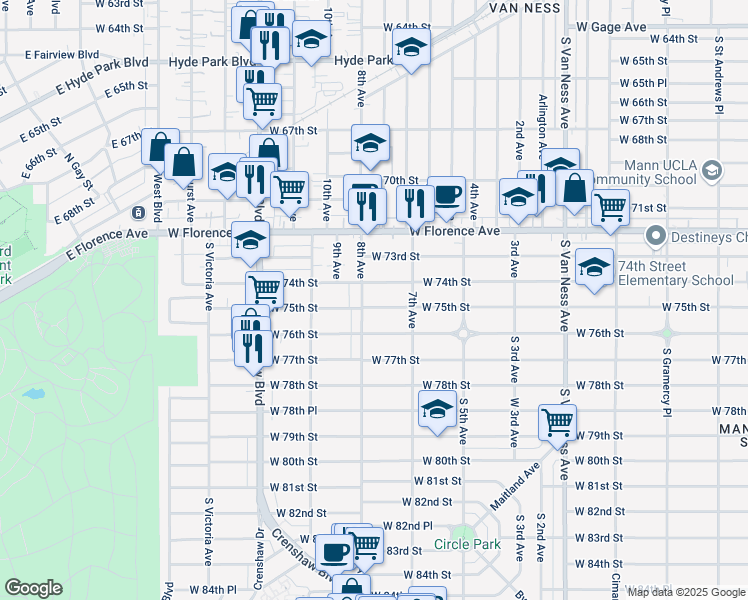 map of restaurants, bars, coffee shops, grocery stores, and more near 3019 West 75th Street in Los Angeles