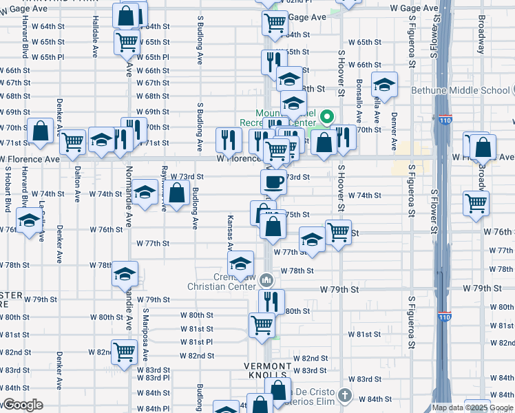 map of restaurants, bars, coffee shops, grocery stores, and more near 1011 West 75th Street in Los Angeles