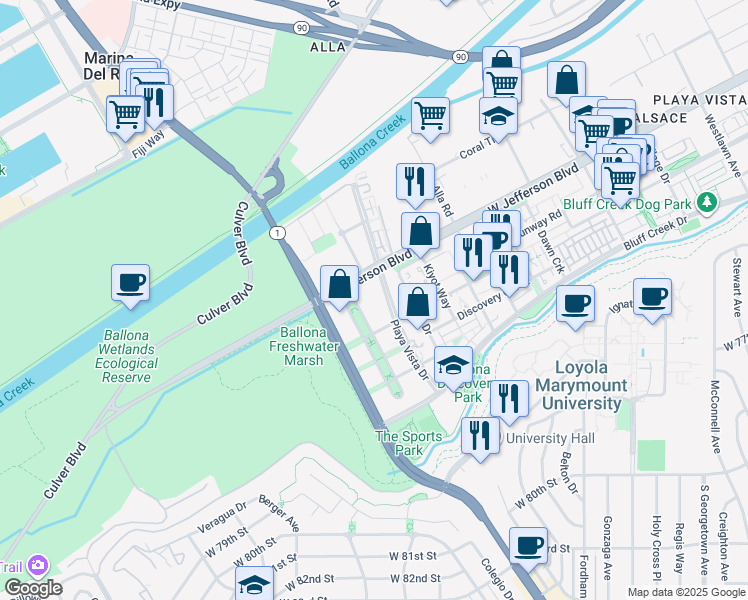 map of restaurants, bars, coffee shops, grocery stores, and more near 5710 Crescent Park West in Los Angeles