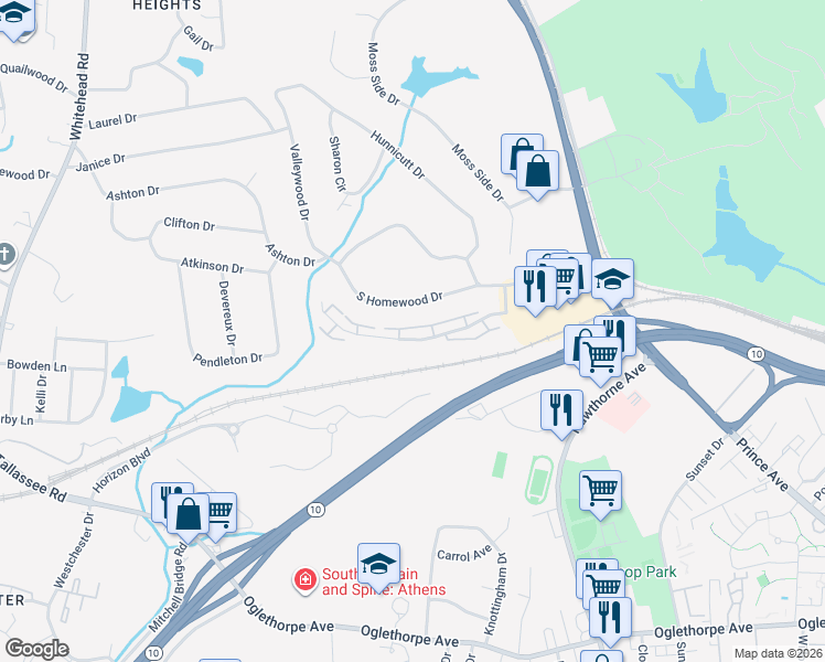 map of restaurants, bars, coffee shops, grocery stores, and more near 184 Magnolia Blossom Way in Athens