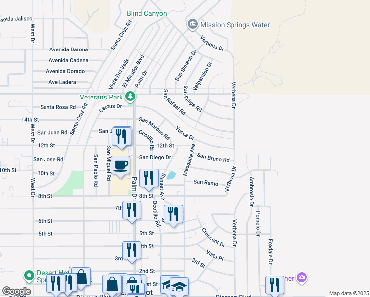 map of restaurants, bars, coffee shops, grocery stores, and more near 66735 12th Street in Desert Hot Springs