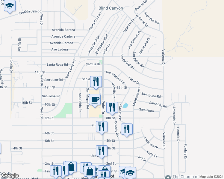 map of restaurants, bars, coffee shops, grocery stores, and more near 66565 12th Street in Desert Hot Springs