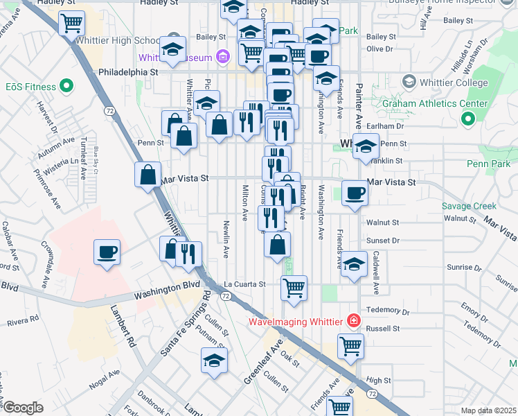 map of restaurants, bars, coffee shops, grocery stores, and more near 7651 Comstock Avenue in Whittier