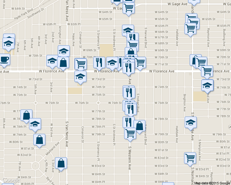 map of restaurants, bars, coffee shops, grocery stores, and more near 1859 West 75th Street in Los Angeles