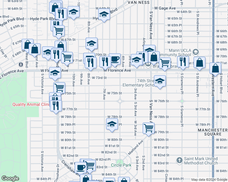 map of restaurants, bars, coffee shops, grocery stores, and more near 2623 West 75th Street in Los Angeles
