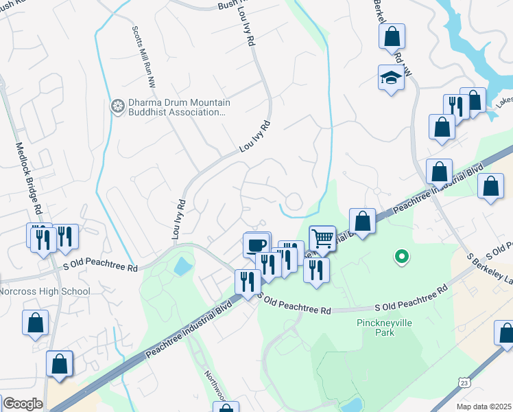 map of restaurants, bars, coffee shops, grocery stores, and more near 3279 Lapwing Court in Norcross