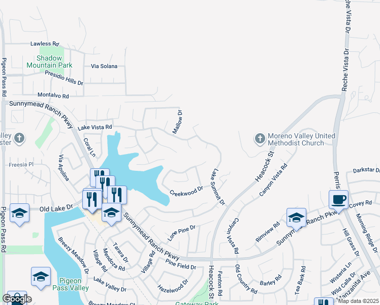 map of restaurants, bars, coffee shops, grocery stores, and more near 10199 Caribou Circle in Moreno Valley