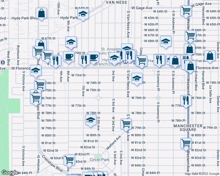 map of restaurants, bars, coffee shops, grocery stores, and more near 2403 West 75th Street in Los Angeles