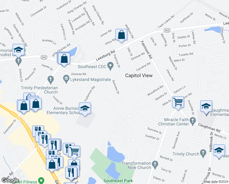 map of restaurants, bars, coffee shops, grocery stores, and more near 7233 Sunview Drive in Columbia