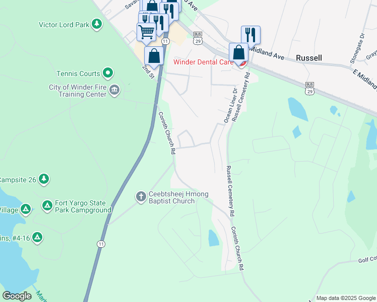 map of restaurants, bars, coffee shops, grocery stores, and more near 1609 Colton Landing Road in Winder