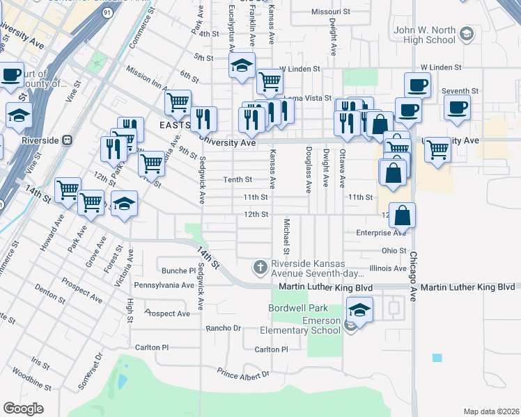 map of restaurants, bars, coffee shops, grocery stores, and more near 2201 12th Street in Riverside