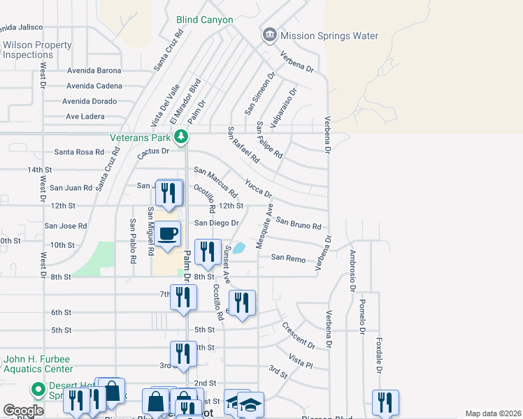 map of restaurants, bars, coffee shops, grocery stores, and more near 66735 12th Street in Desert Hot Springs