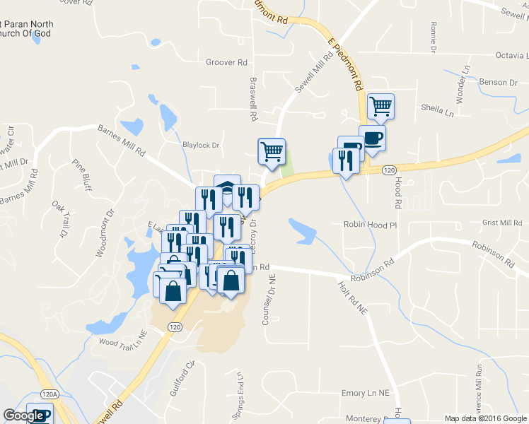 map of restaurants, bars, coffee shops, grocery stores, and more near 850 Lecroy Drive in Marietta