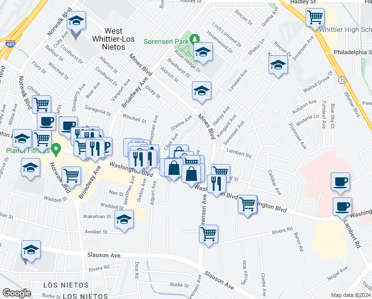 map of restaurants, bars, coffee shops, grocery stores, and more near 7829 Chatfield Avenue in Whittier