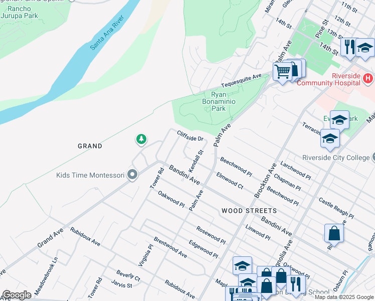 map of restaurants, bars, coffee shops, grocery stores, and more near 4752 Barrington Court in Riverside