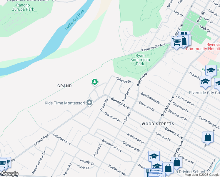 map of restaurants, bars, coffee shops, grocery stores, and more near 5325 Tower Road in Riverside