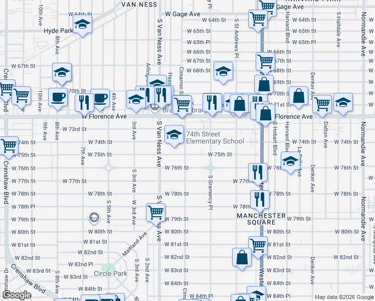 map of restaurants, bars, coffee shops, grocery stores, and more near 2059 West 75th Street in Los Angeles
