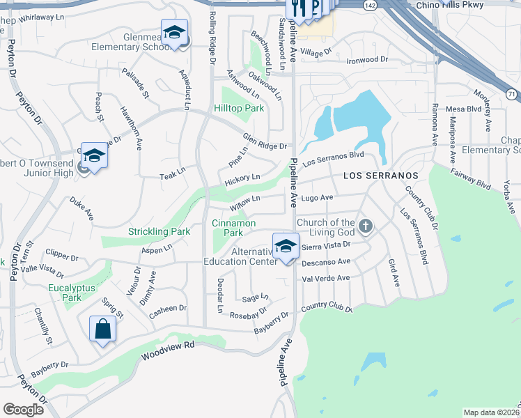 map of restaurants, bars, coffee shops, grocery stores, and more near 4000 Aspen Lane in Chino Hills