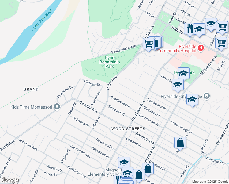 map of restaurants, bars, coffee shops, grocery stores, and more near 4495 Beechwood Place in Riverside