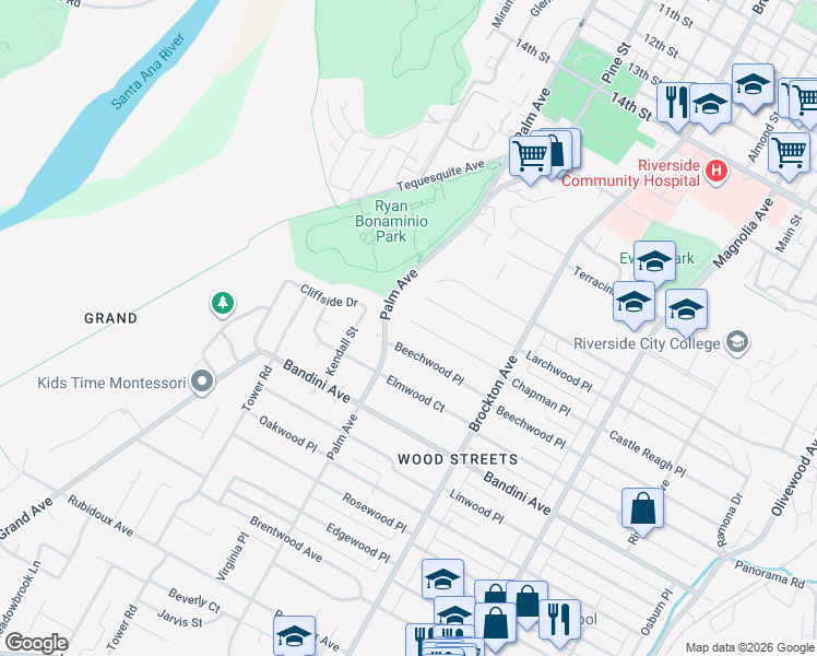 map of restaurants, bars, coffee shops, grocery stores, and more near 4495 Beechwood Place in Riverside