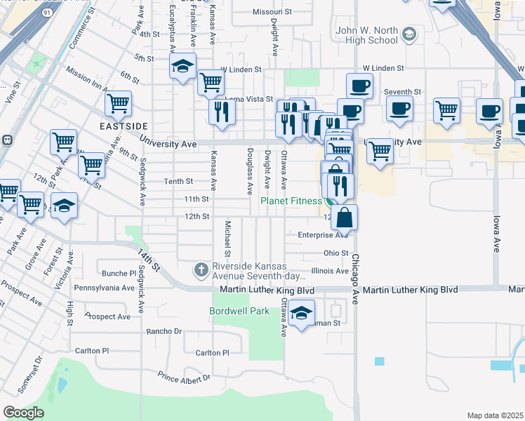 map of restaurants, bars, coffee shops, grocery stores, and more near 4171 Dwight Avenue in Riverside