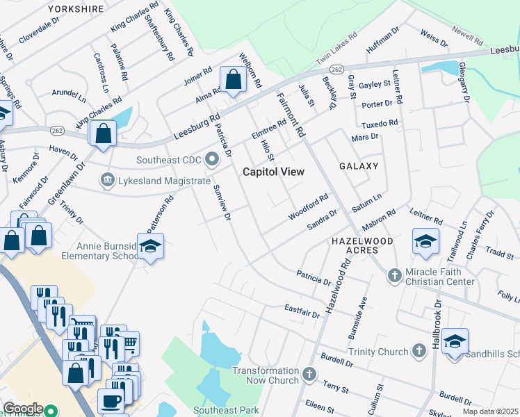 map of restaurants, bars, coffee shops, grocery stores, and more near 7248 Patricia Drive in Columbia