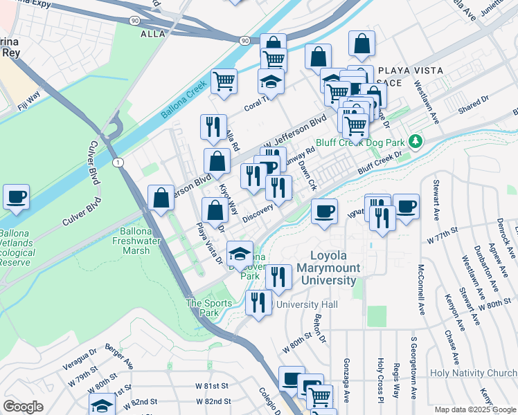 map of restaurants, bars, coffee shops, grocery stores, and more near 6000 South Para Way in Los Angeles