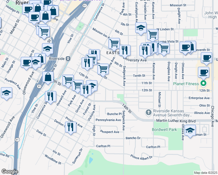 map of restaurants, bars, coffee shops, grocery stores, and more near 2571 12th Street in Riverside