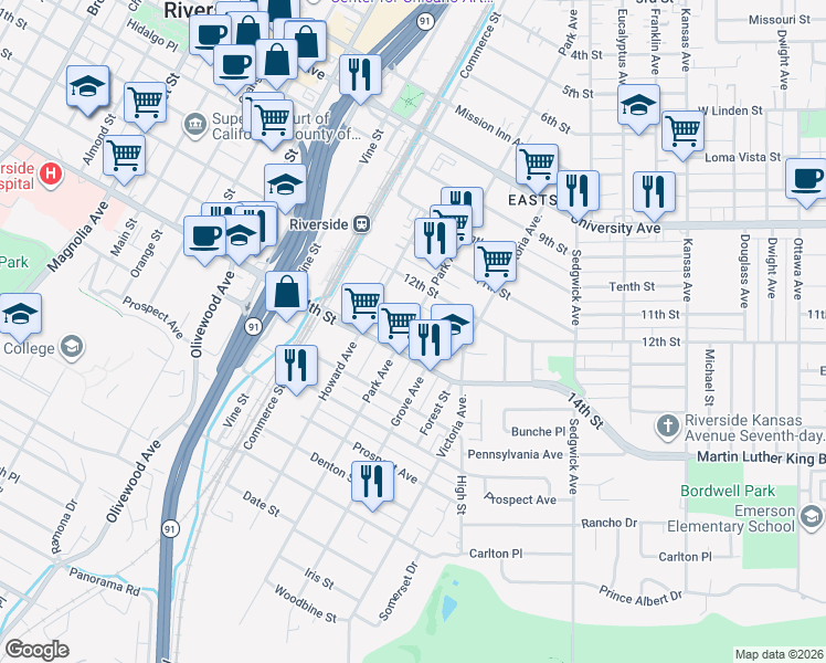 map of restaurants, bars, coffee shops, grocery stores, and more near 4322 Park Avenue in Riverside