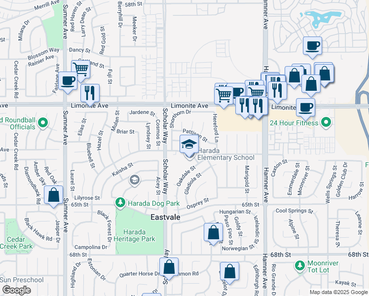 map of restaurants, bars, coffee shops, grocery stores, and more near 12934 Merry Meadows Drive in Corona