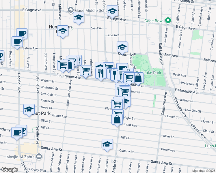 map of restaurants, bars, coffee shops, grocery stores, and more near 3109 Walnut Street in Huntington Park