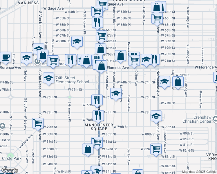 map of restaurants, bars, coffee shops, grocery stores, and more near 7418 South Hobart Boulevard in Los Angeles
