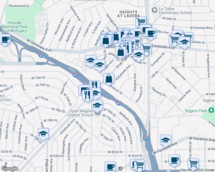 map of restaurants, bars, coffee shops, grocery stores, and more near 5506 Thornburn Street in Los Angeles